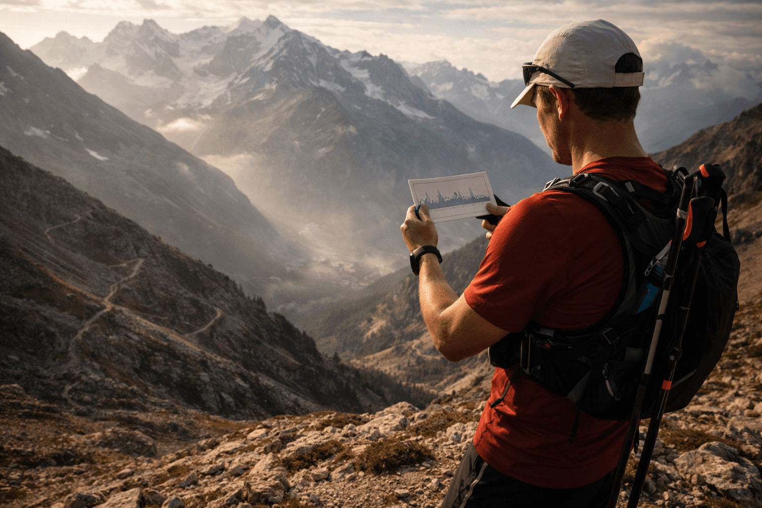 Coureur en montagne consultant son plan de course avec profil de dénivelé