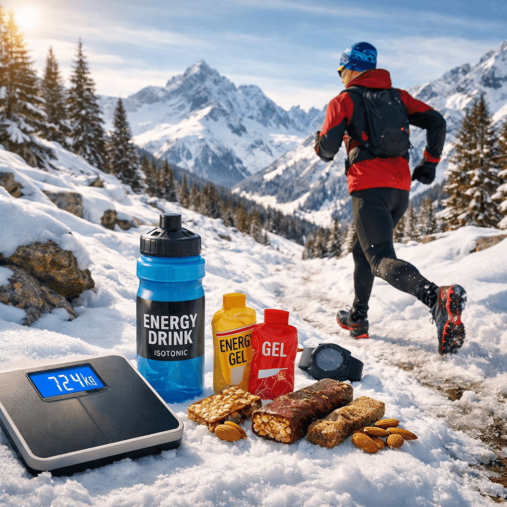 Traileur courant en montagne enneigée en hiver