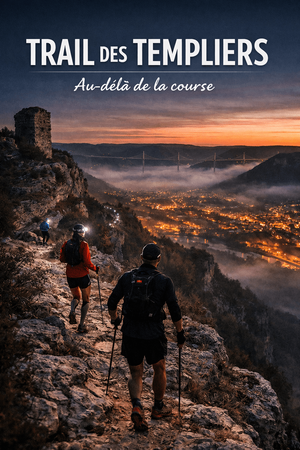 Coureurs au lever du jour sur un sentier technique, ambiance course mythique
