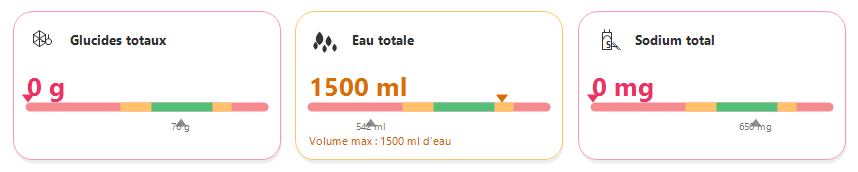 Jauges de carburants montrant les cibles en glucides, eau et sodium pour une course trail.