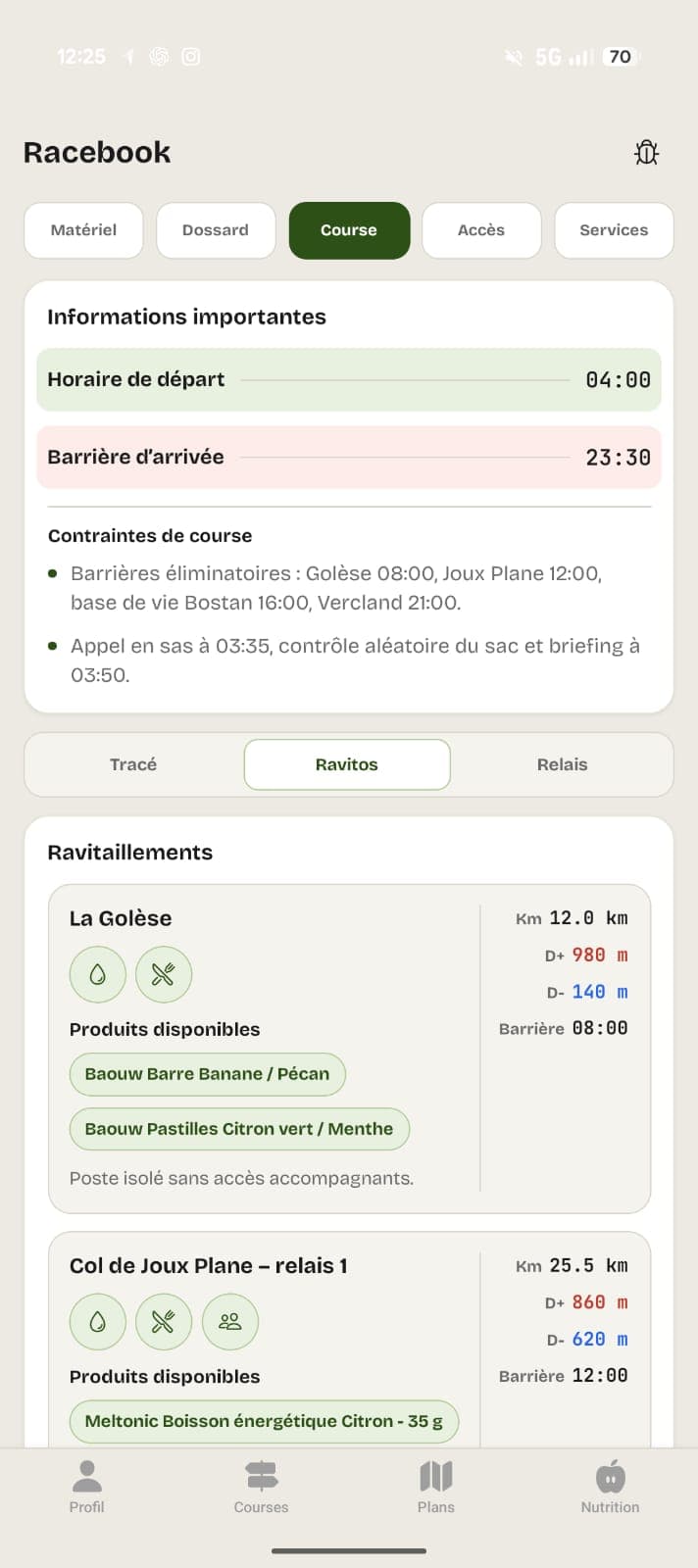 Race Book TST affichant les horaires, barrières et ravitaillements du parcours Ultra des Cimes