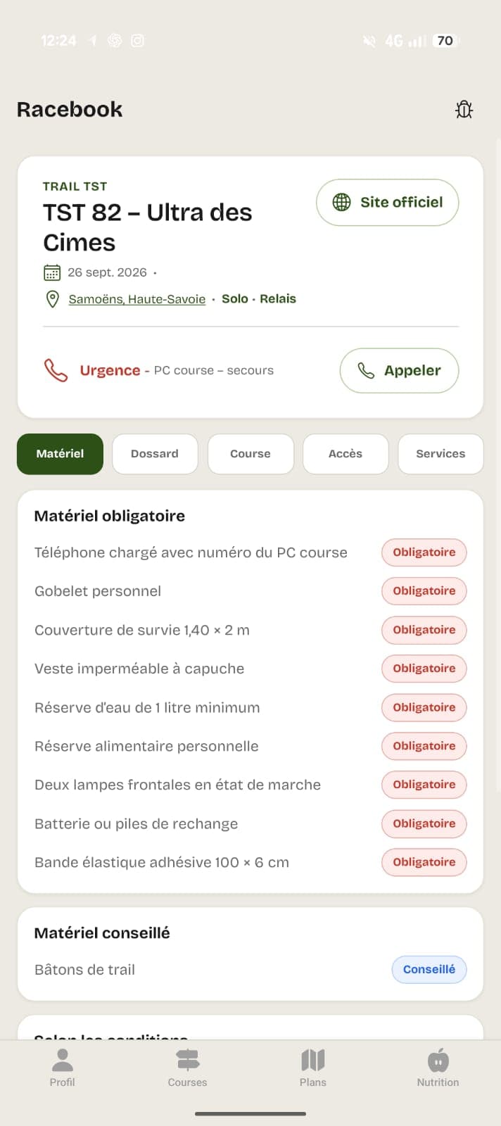 Race Book TST affichant le matériel obligatoire et conseillé pour l’Ultra des Cimes
