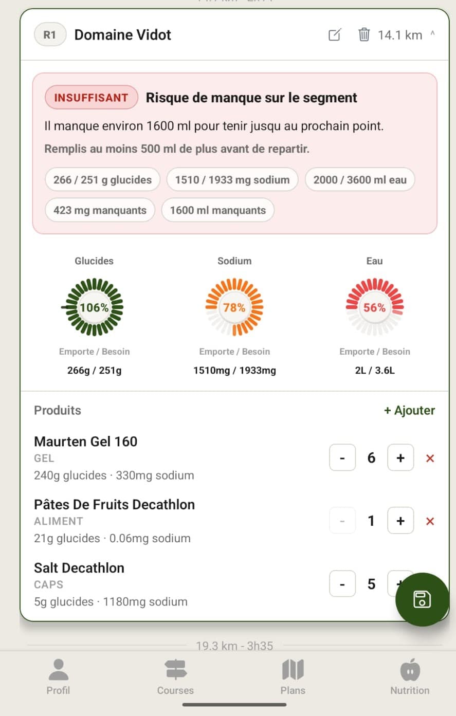 Exemple de ravito dans l'application